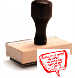 Discover the "Búscame Aquí" rubber stamp! Perfect for tracking your money with a 15/16" seal. Start tracking now at www.wheresgeorge.com. Buy it at CalStamp today!