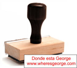 Track your money with the Donde Esta George rubber stamp! Perfect for marking bills. Stamp size: 0.5 x 2". Start tracking now at www.wheresgeorge.com. Buy today!