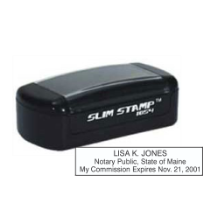 Get your customized ME Notary Slim Pre-Inked Stamp from CalStamp. High-quality, rectangular notary stamp personalized with your info. Order now for fast delivery!