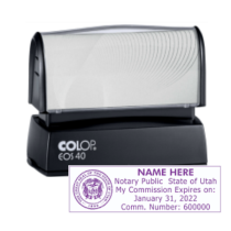 Get your customized UT Notary Colop Pre-Inked Stamp with purple ink and the Great Seal of Utah. Order now for a high-quality, personalized notary stamp from CalStamp!